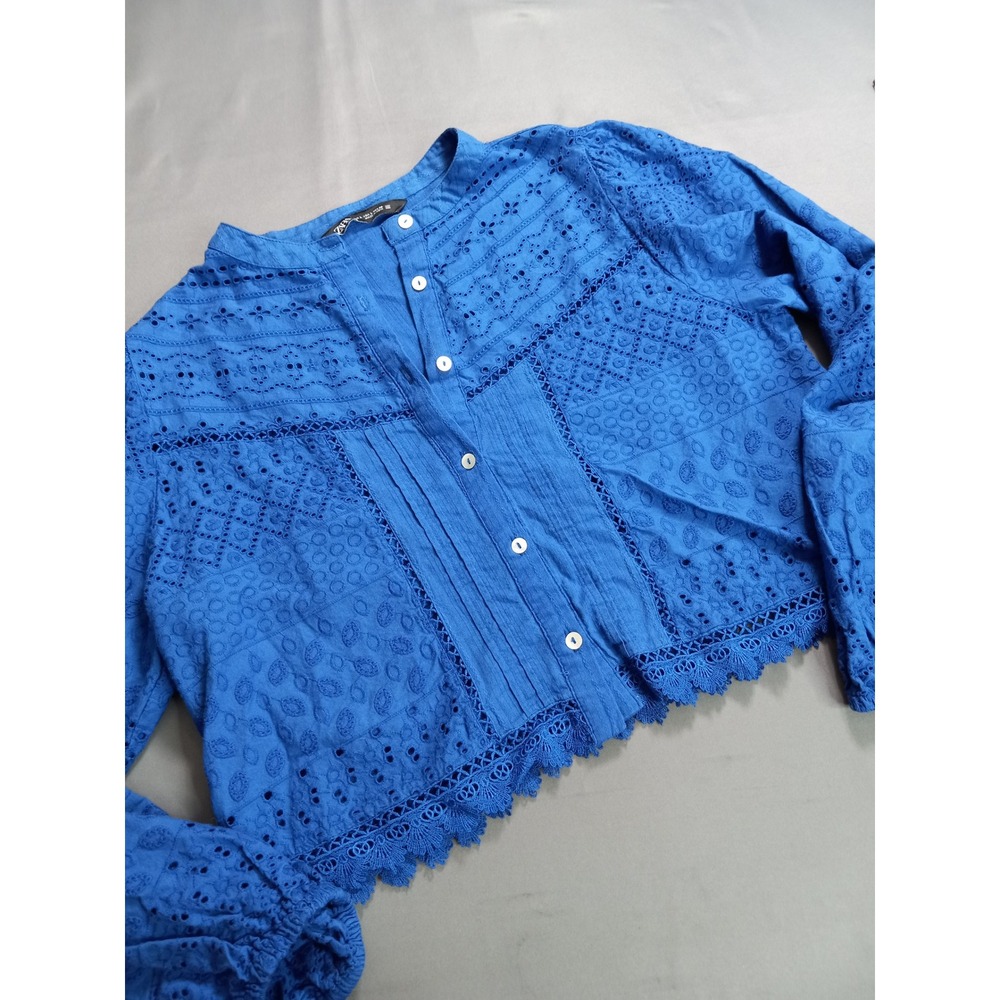 Zara Royal Blue Twee Whimsy Goth Cutwork Embroidery Cropped Blouse Size L